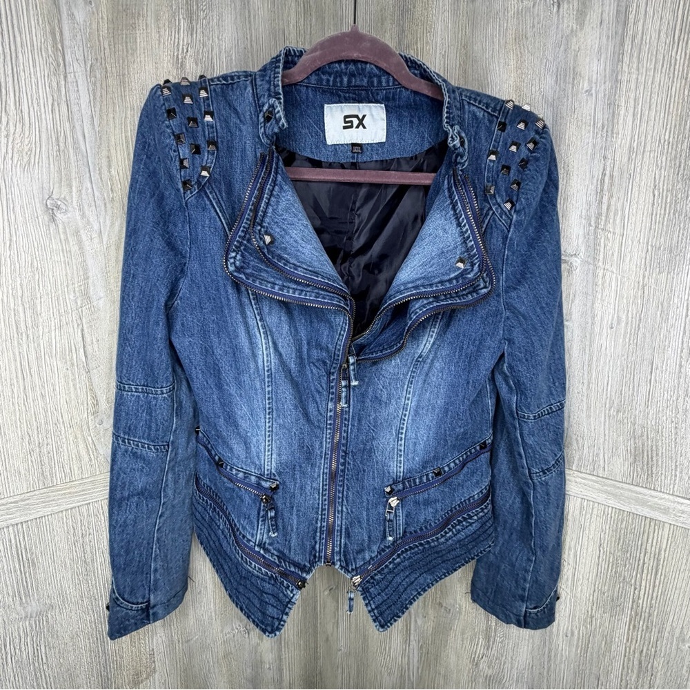 SX Denim Streetwear Moto Jacket with Studded Details